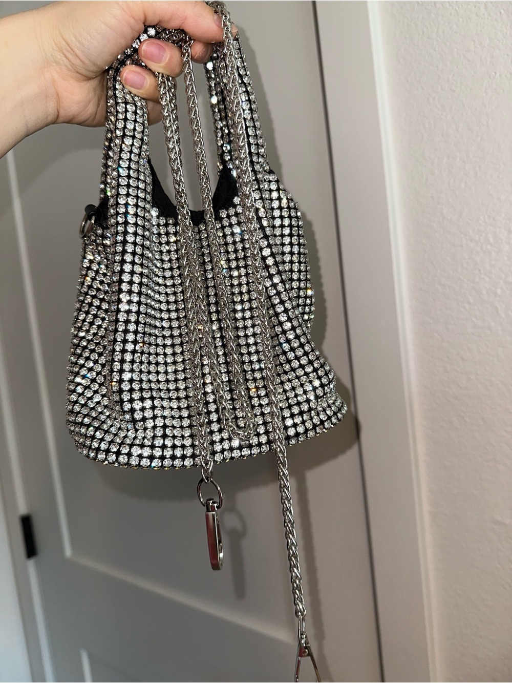 Crystal-Embellished Silver Mini Shoulder Bag